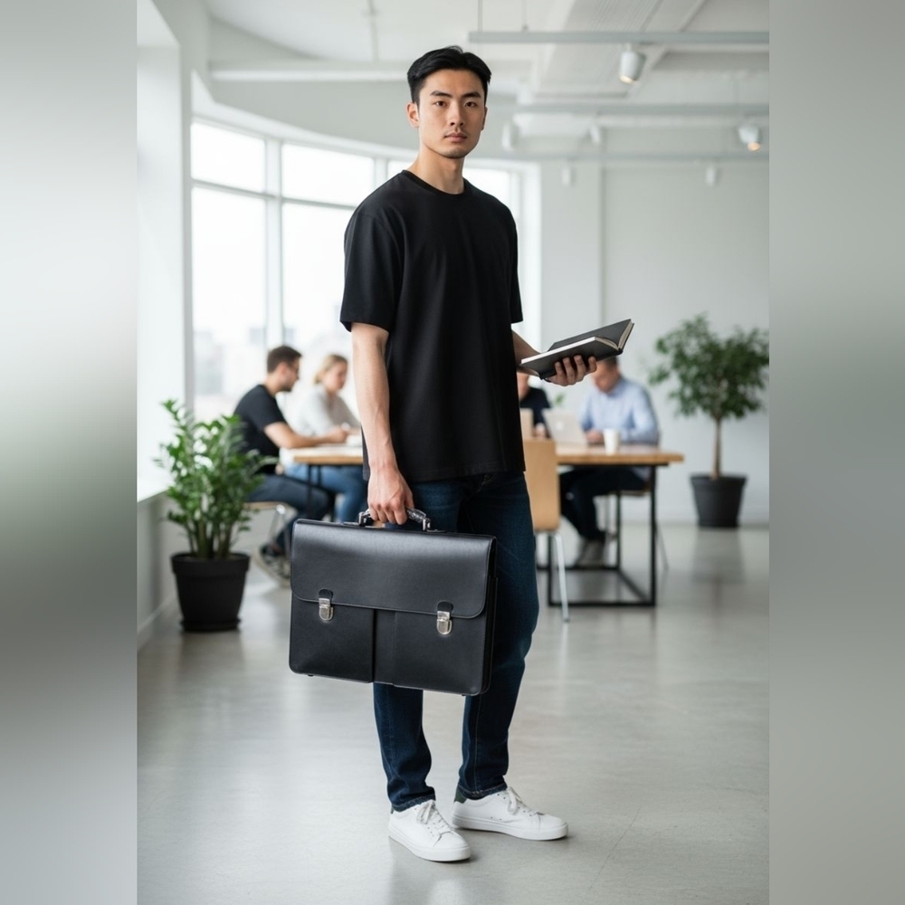 Classic Black Leather  And Material,  Work Tote Nwot
